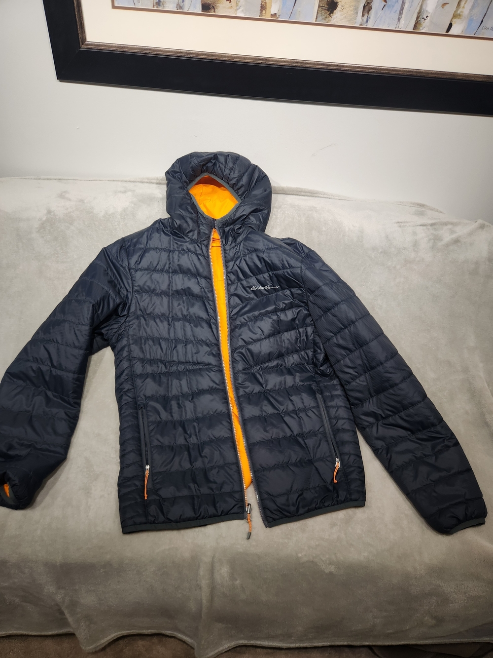 Eddie Bauer Navy Quilted Hooded Puffer with Orange Lining